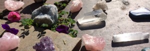 Celestite crystal grid with rose quartz, clear quartz, amethyst, azurite & selenite.